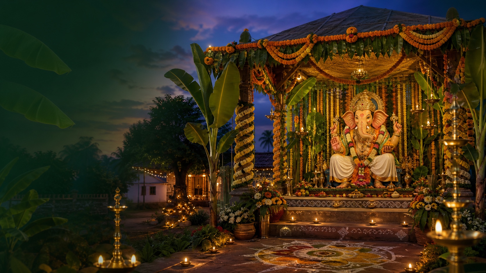 A richly decorated Vinayaka mandapam glowing at blue hour